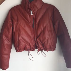 Burgundy faux leather crop jacket